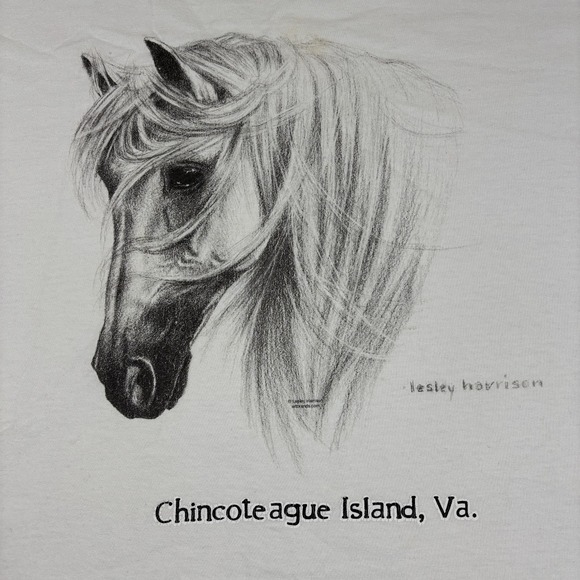 Vintage Horse Shirt Mens Large White Drawing Equestrian Pony Chincoteague Island - Picture 3 of 7